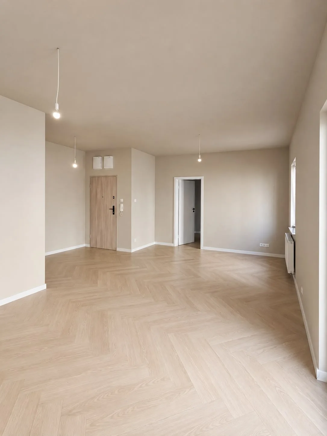 Salon z jasną podłogą w jodełkę, dębowymi drzwiami wejściowymi i lampami wiszącymi